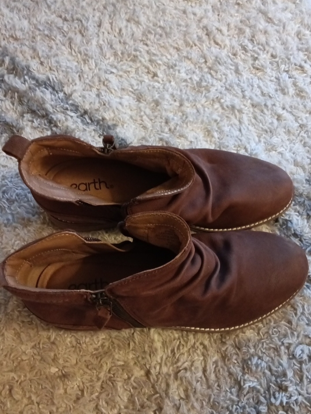 Earth Leather Zip Women's Brown Ankle Boots - Casual Zip Booties - Picture 3 of 14